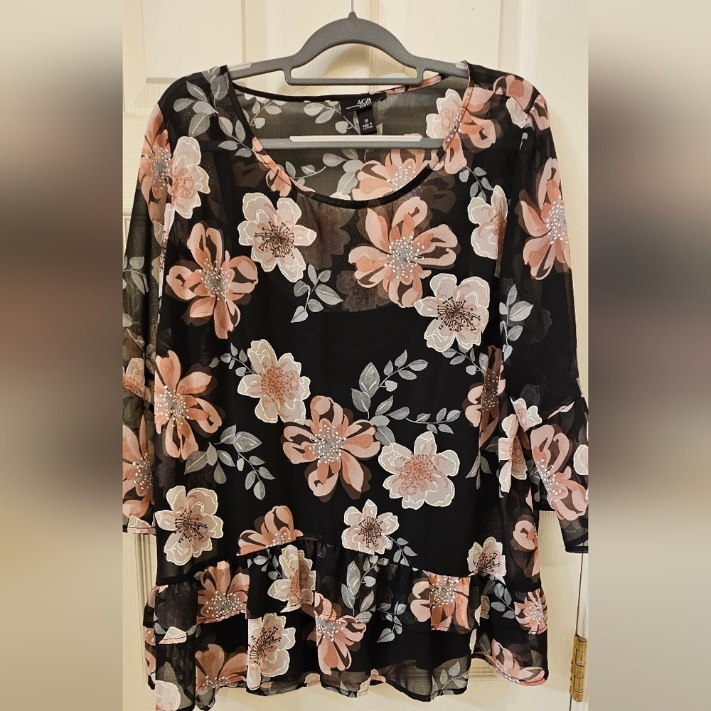 AGB Sheer Floral Black and Pink Women's Top 1X